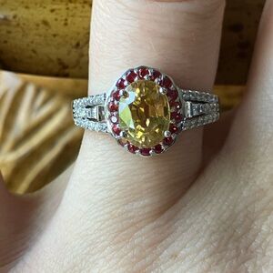 Natural Red Sapphire Yellow Zircon Sterling Silver Halo Ring Size 7